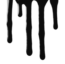 Photo of Black glossy oil flowing on white background