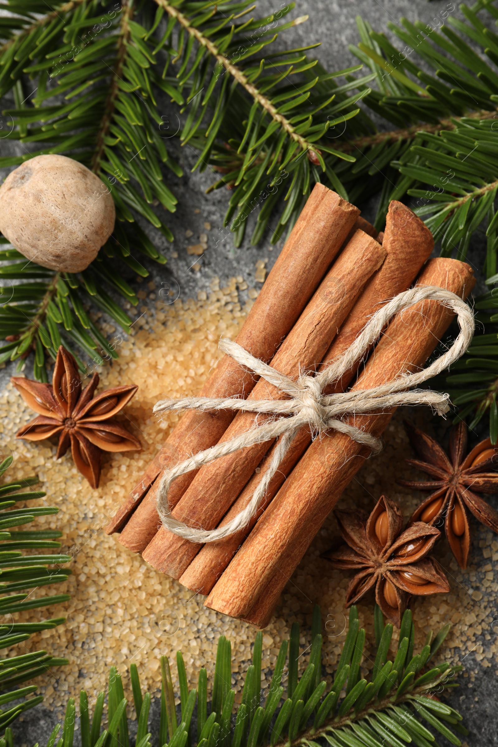 Photo of Different spices and fir branches on table, flat lay