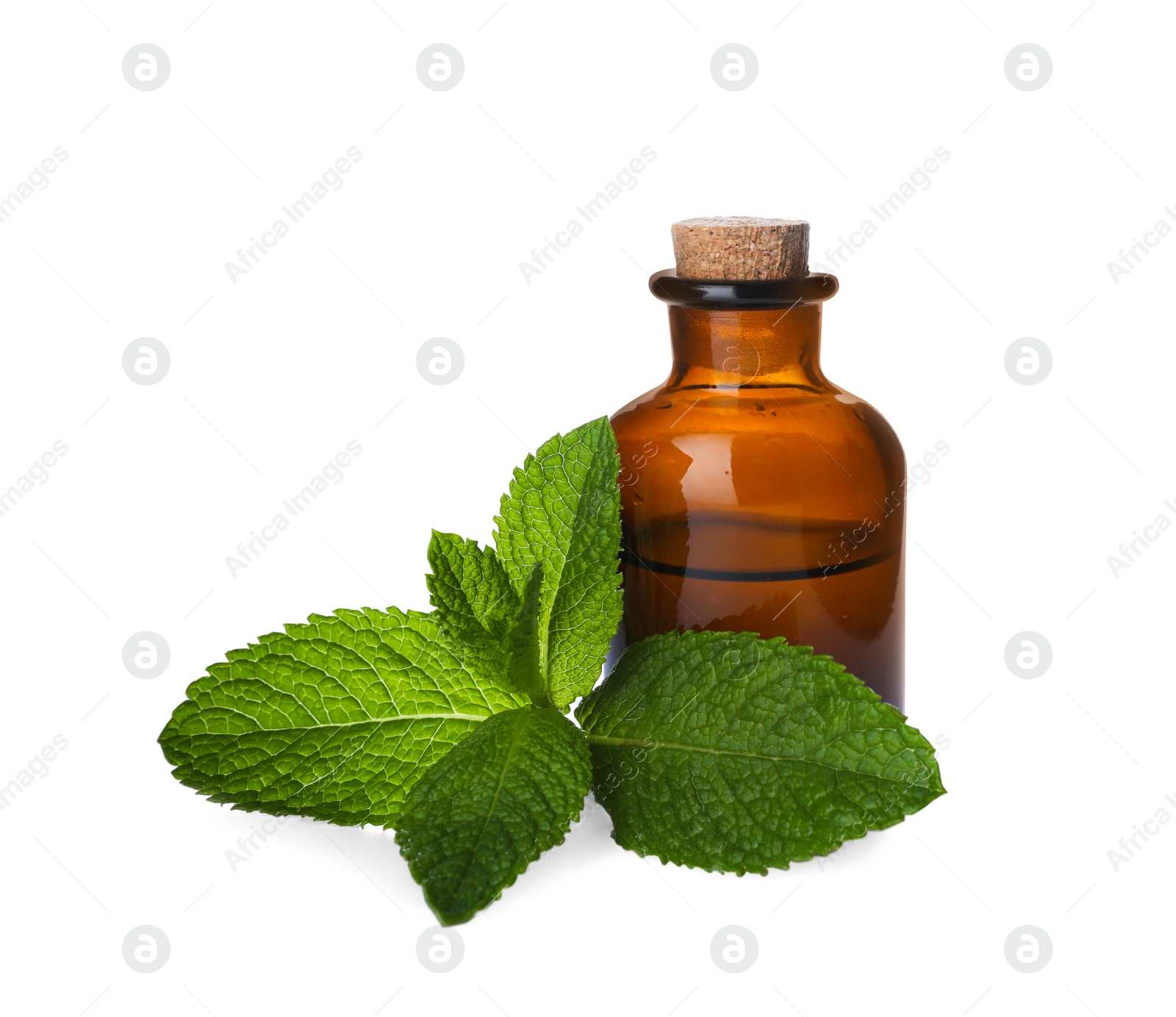 Photo of Bottle of essential oil and mint on white background