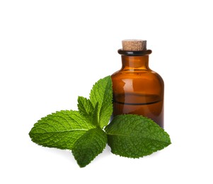 Bottle of essential oil and mint on white background