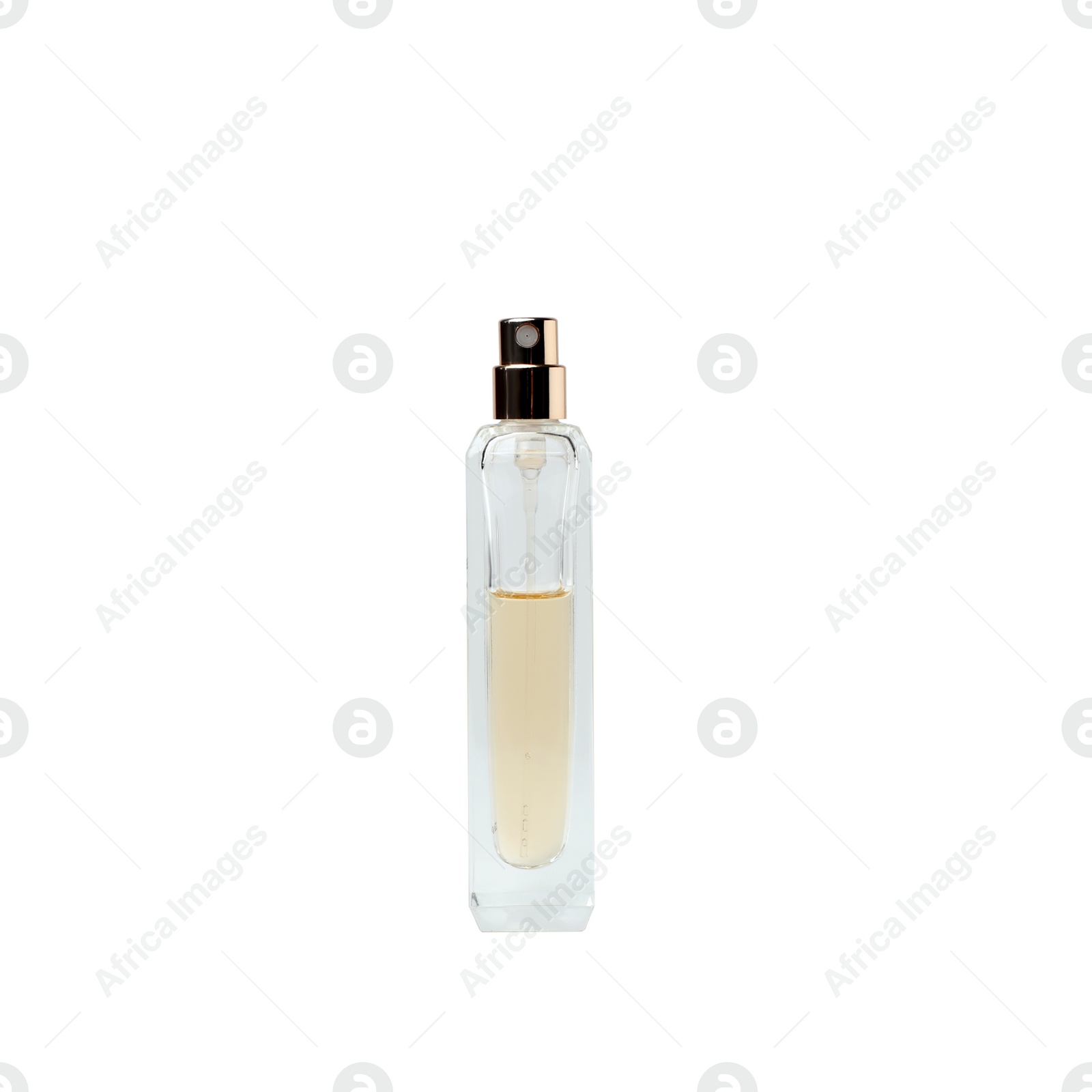 Photo of Transparent bottle of perfume on white background