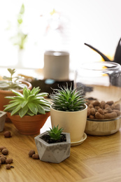 Beautiful potted plants and expanded clay on wooden table at home. Engaging hobby