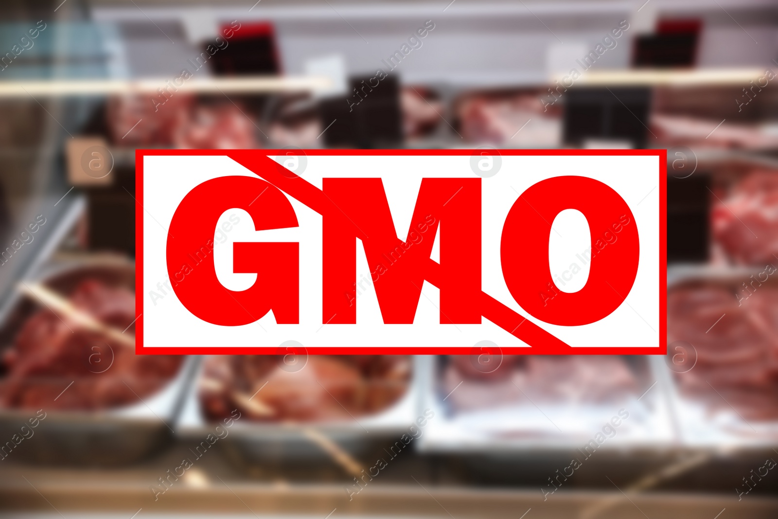 Image of GMO free products. Blurred view of fresh raw meat in refrigerator at wholesale market