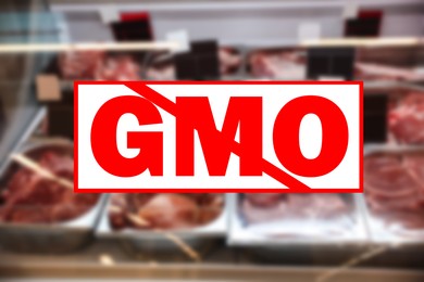 Image of GMO free products. Blurred view of fresh raw meat in refrigerator at wholesale market