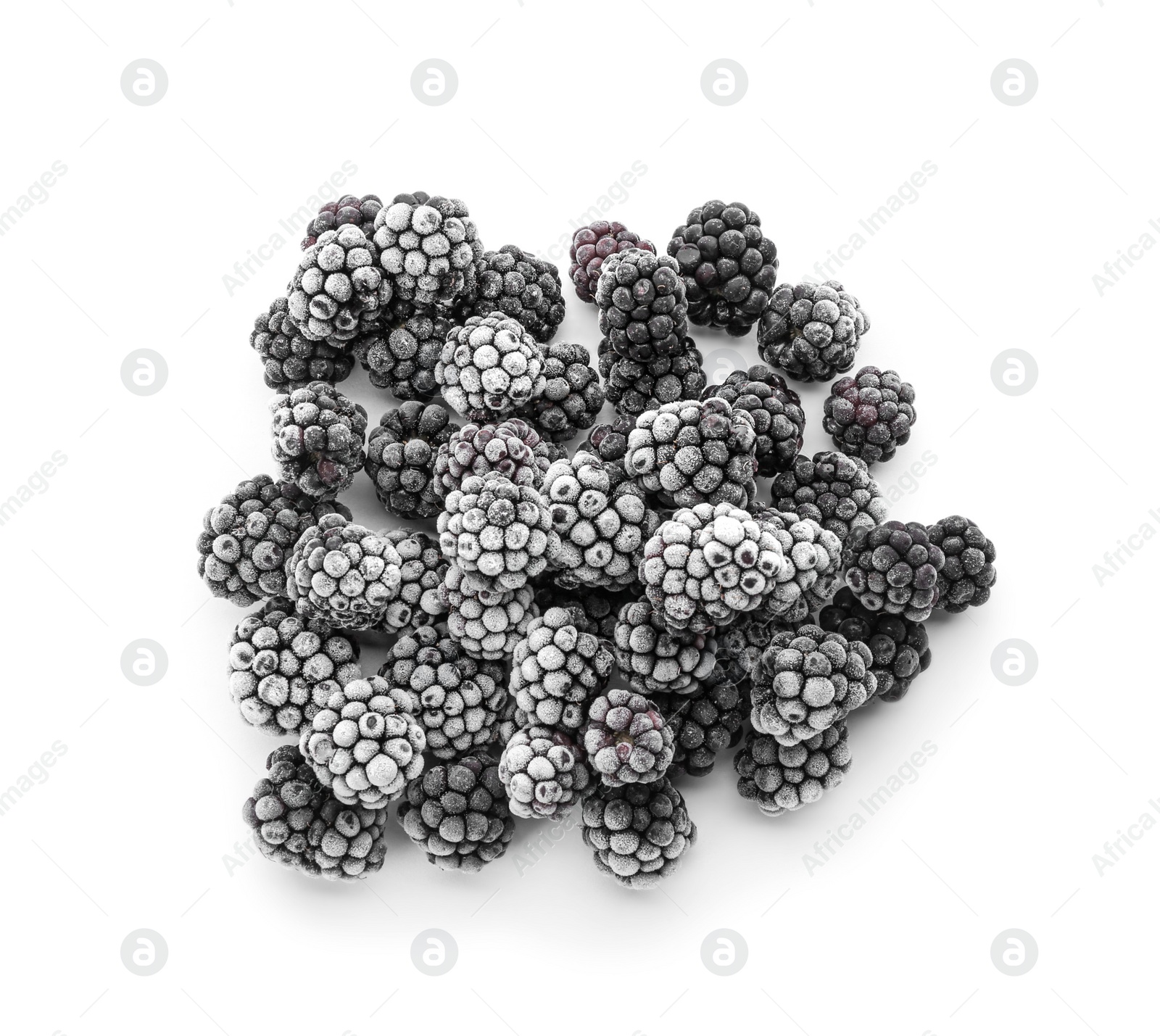 Photo of Heap of tasty frozen blackberries on white background, top view