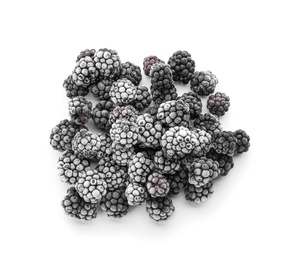 Photo of Heap of tasty frozen blackberries on white background, top view