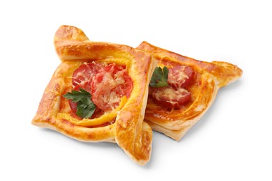 Photo of Fresh delicious puff pastry with cheese, tomatoes and parsley on white background, closeup
