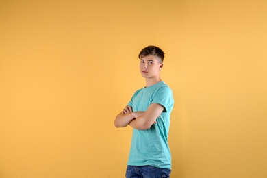 Teenage boy in casual clothes on color background