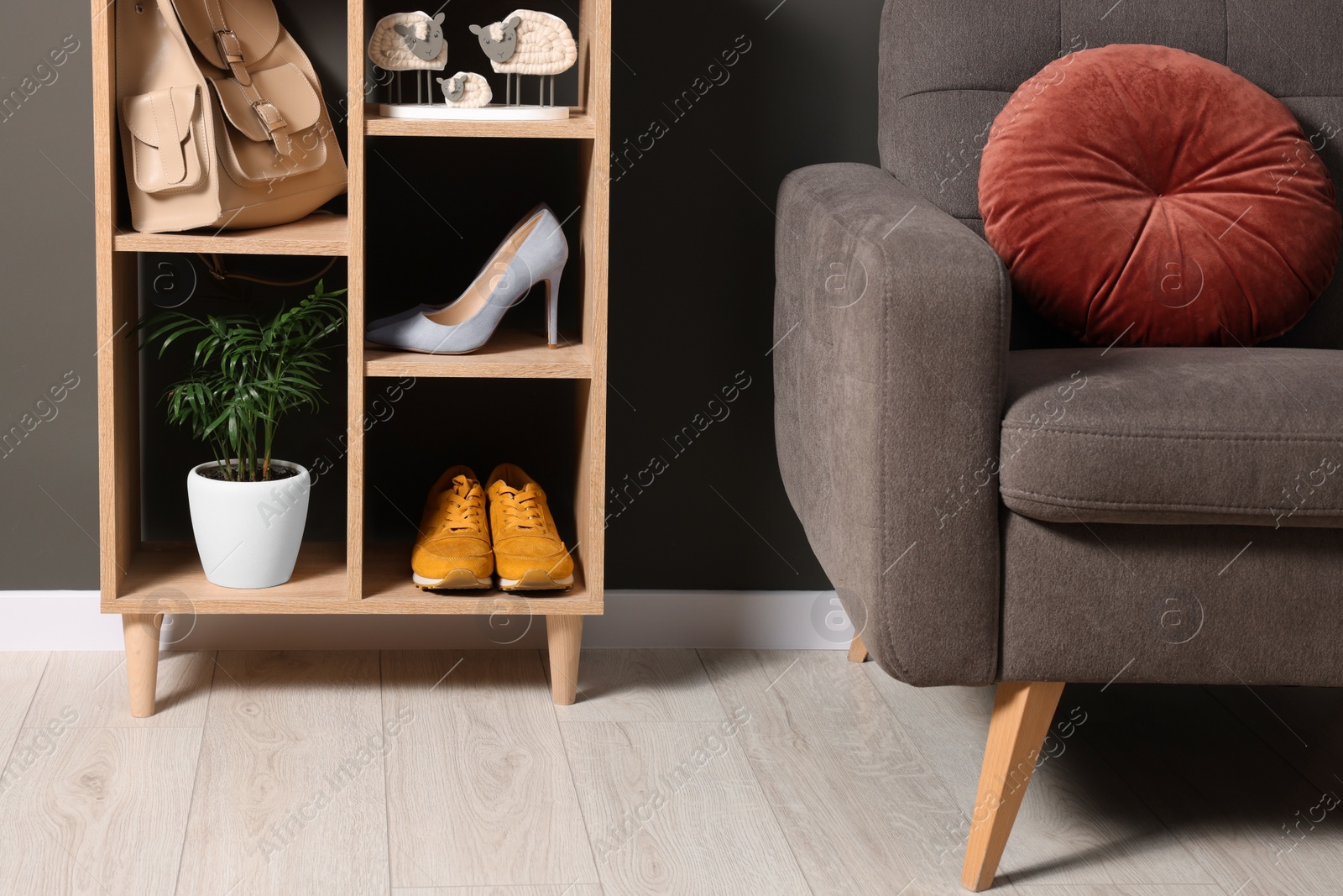 Photo of Modern hallway interior with stylish furniture and decorative elements