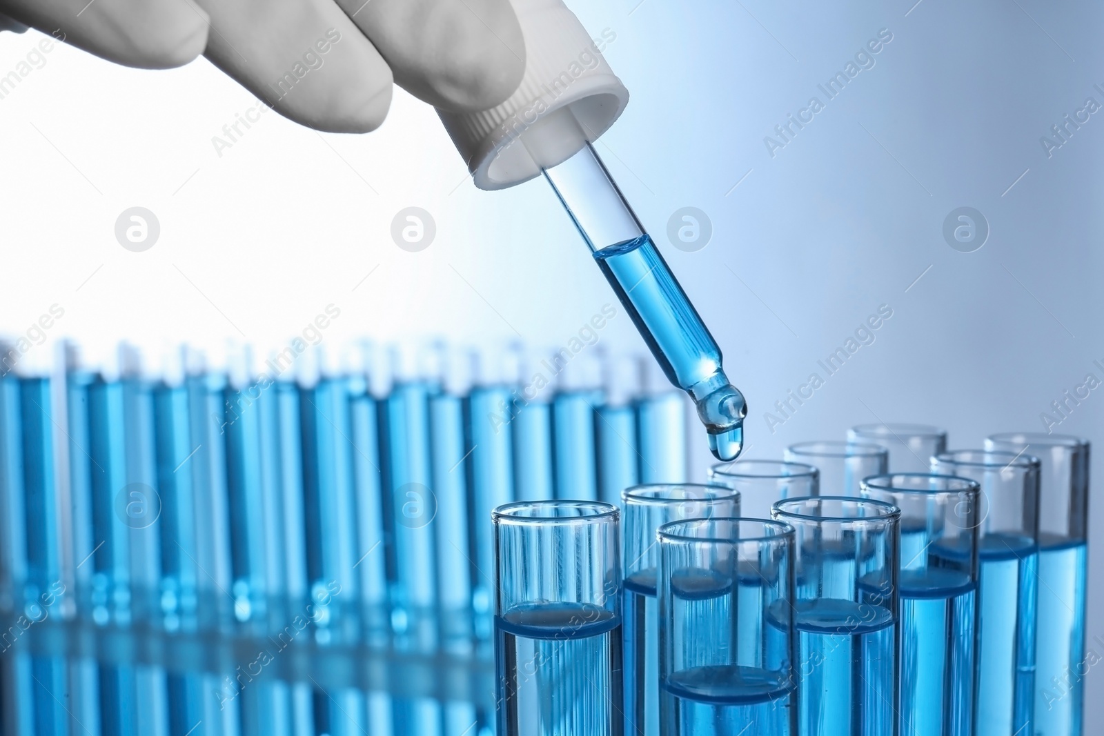 Photo of Scientist dripping reagent into test tube with sample, closeup. Laboratory analysis