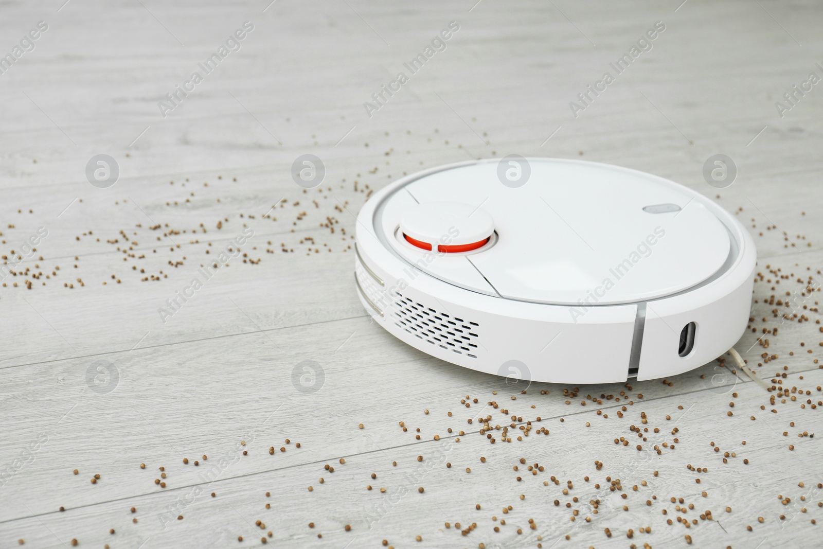 Photo of Removing groats from wooden floor with robotic vacuum cleaner at home. Space for text