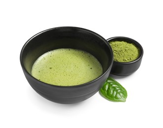 Photo of Cup of fresh matcha tea and green powder isolated on white
