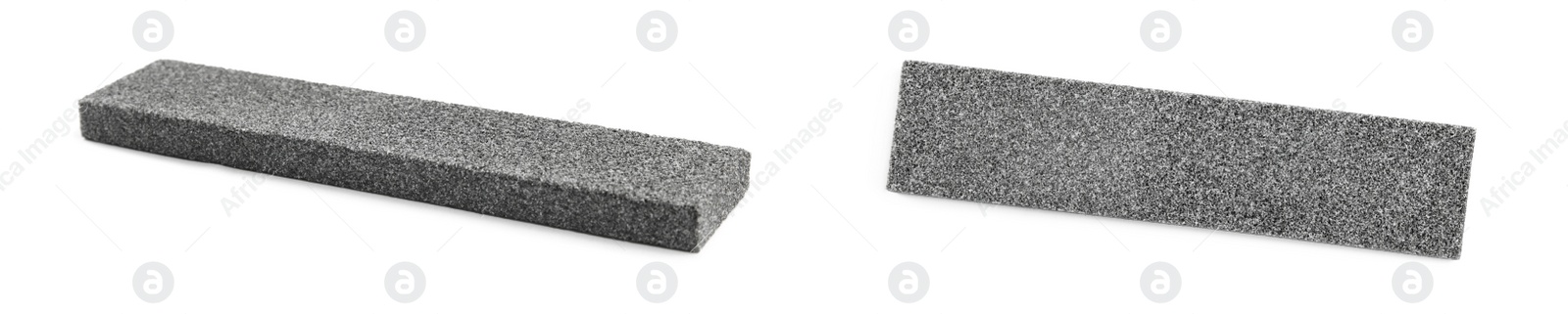 Image of Sharpening stones for knife on white background, collage. Banner design 