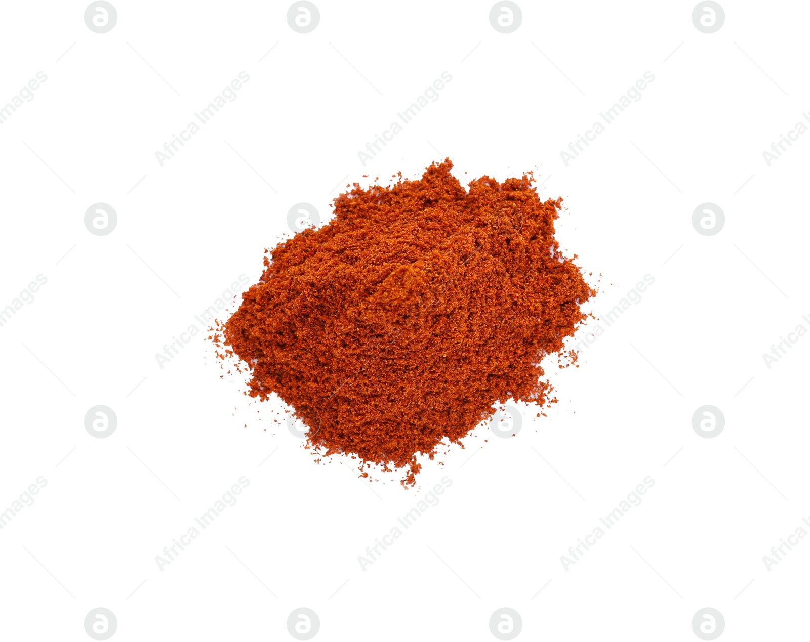 Photo of Heap of aromatic paprika powder isolated on white, top view