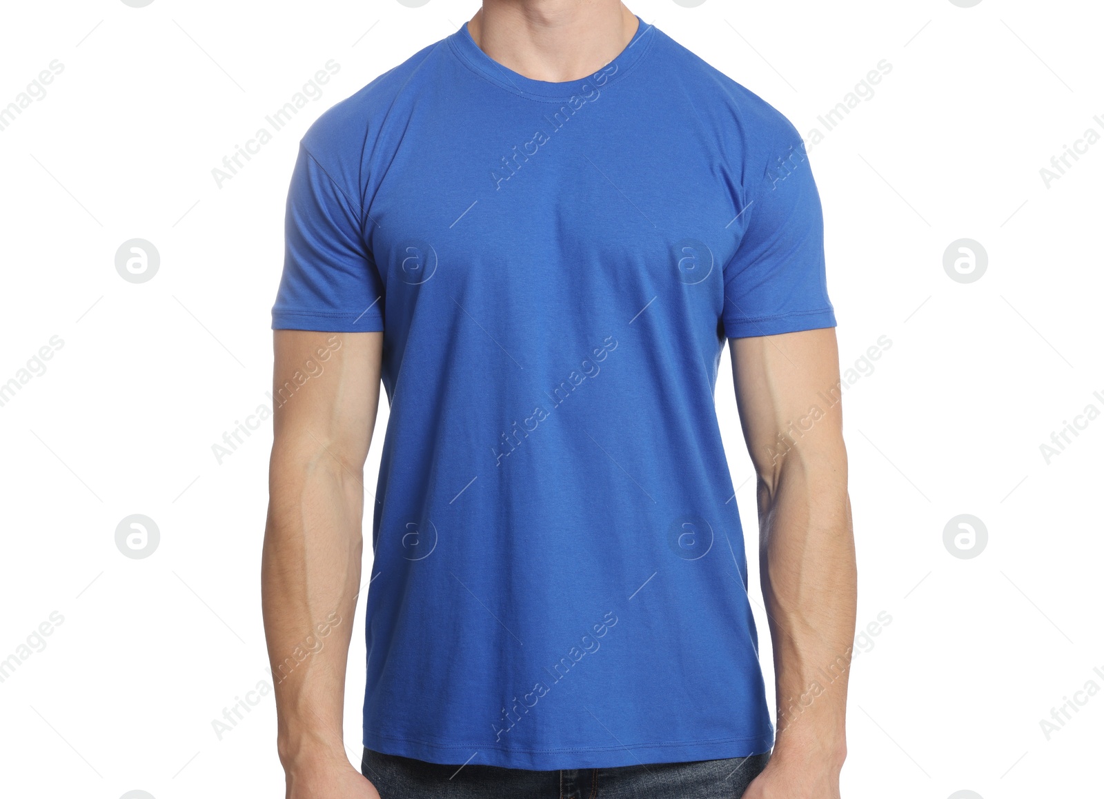 Photo of Man wearing blue t-shirt on white background, closeup. Mockup for design