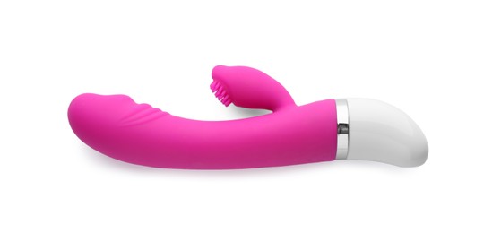 Pink vibrator on white background, top view. Sex toy