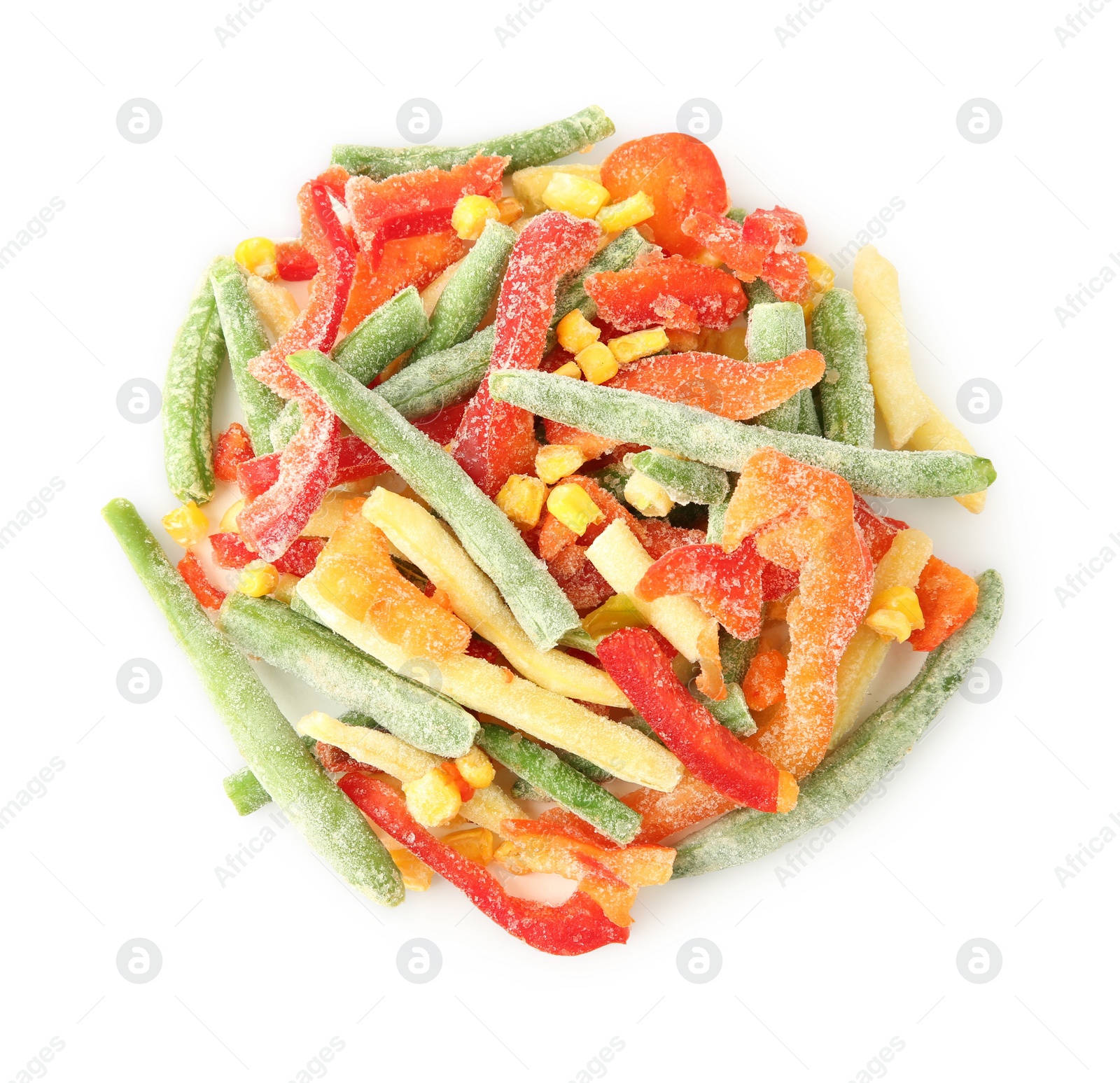 Photo of Mix of different frozen vegetables isolated on white, top view