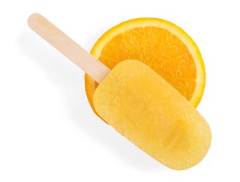 Photo of Tasty orange ice pop isolated on white. Fruit popsicle
