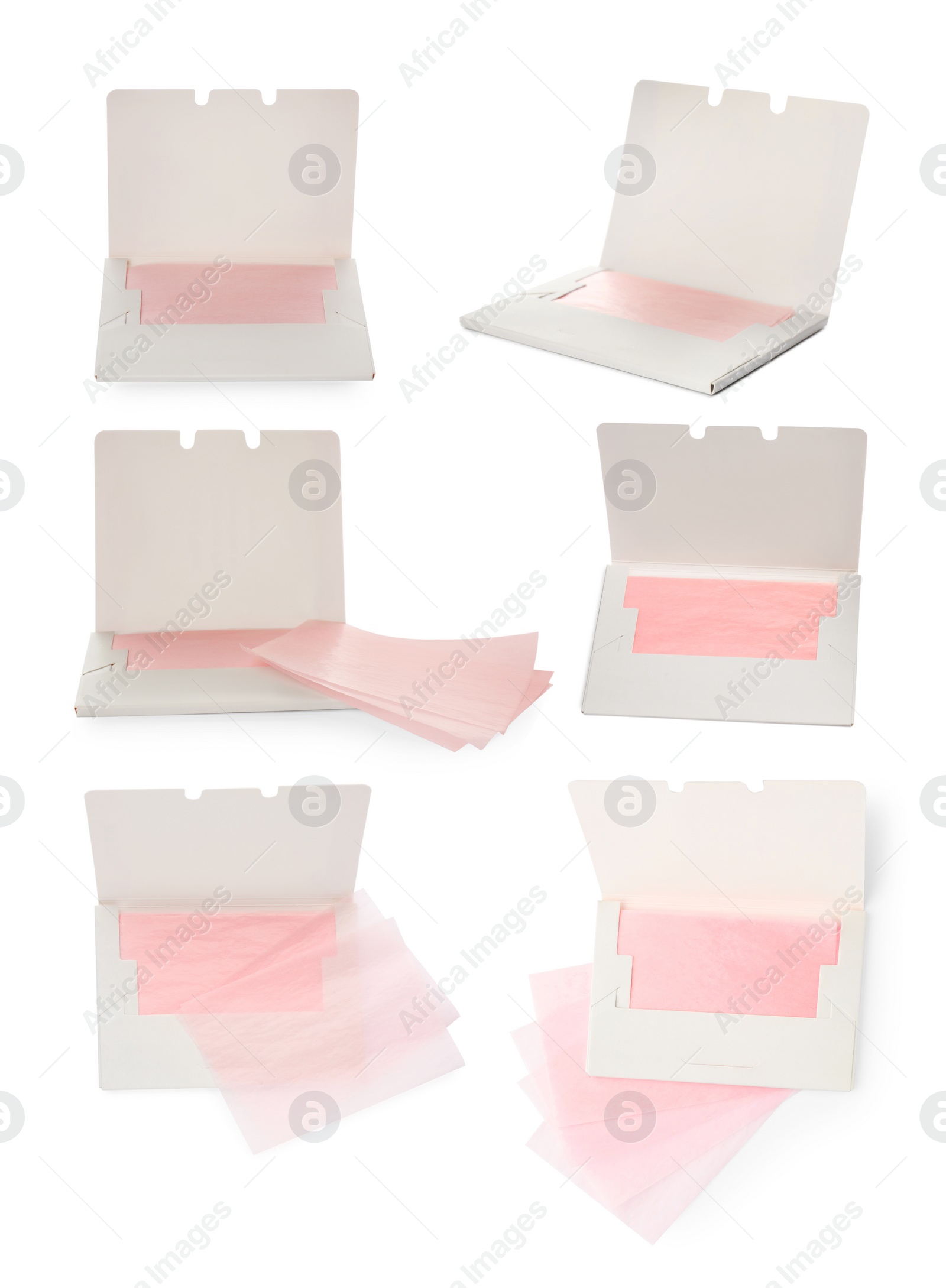 Image of Set with facial oil blotting tissues on white background. Mattifying wipes