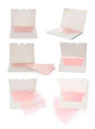 Image of Set with facial oil blotting tissues on white background. Mattifying wipes