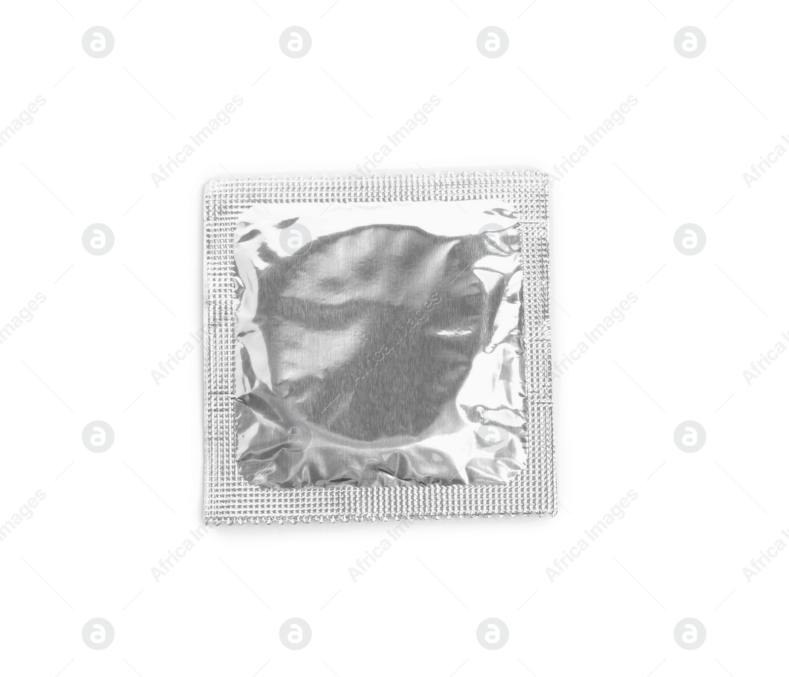 Photo of Condom package isolated on white, top view. Safe sex