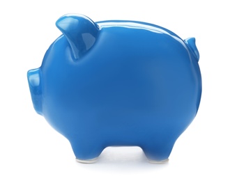 Blue piggy bank on white background. Money saving