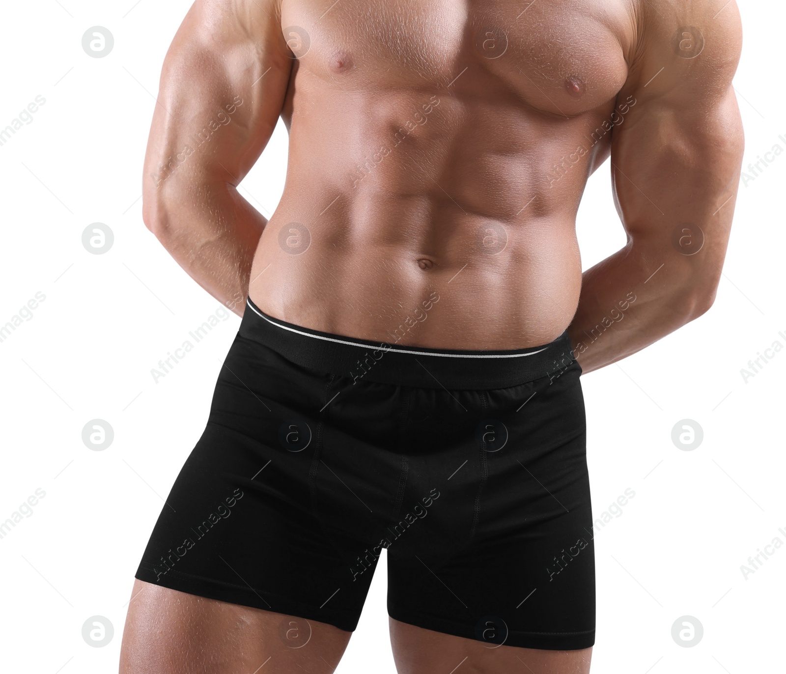 Photo of Young man is stylish black underwear on light grey background, closeup