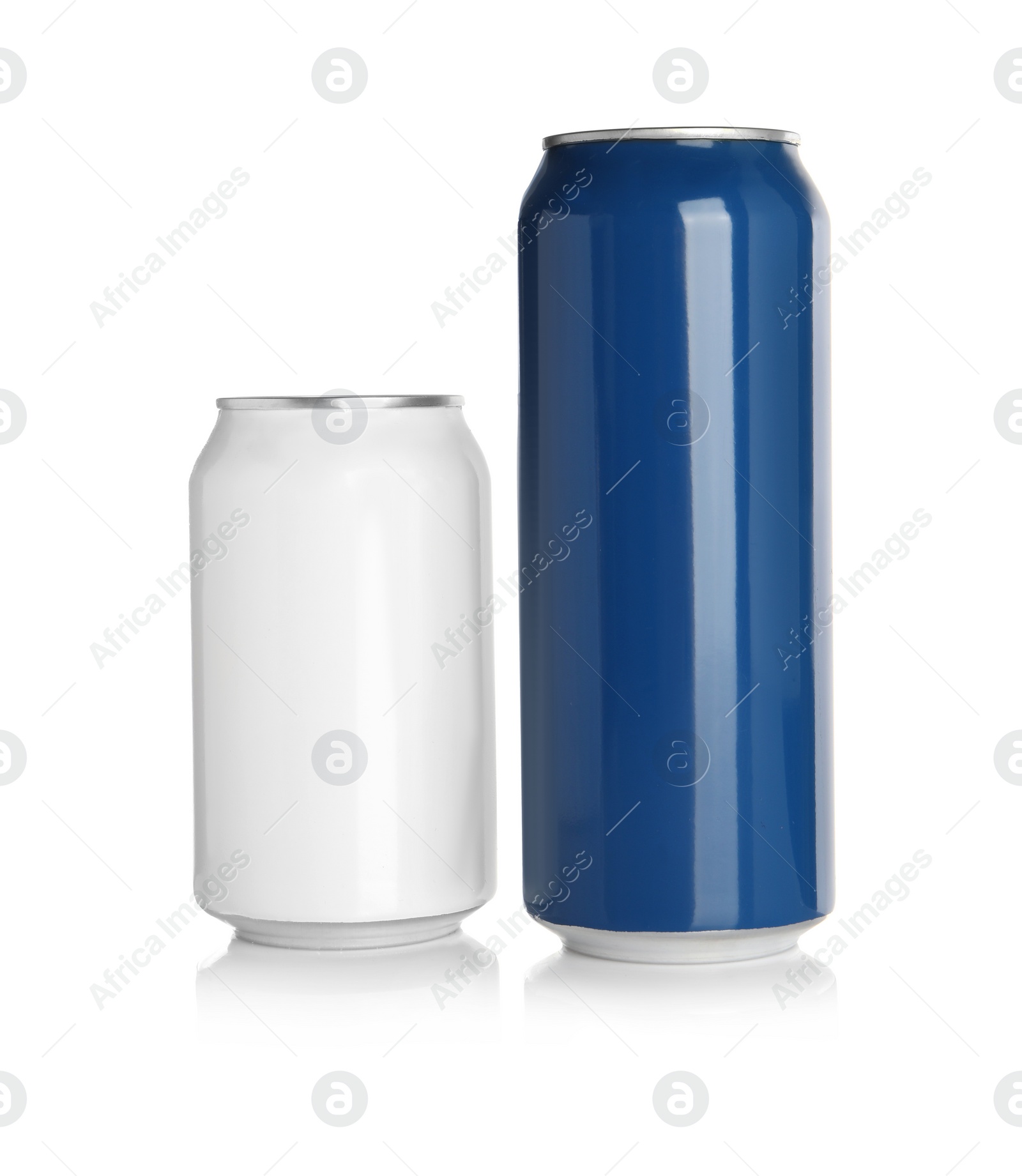 Photo of Aluminum cans with drinks on white background