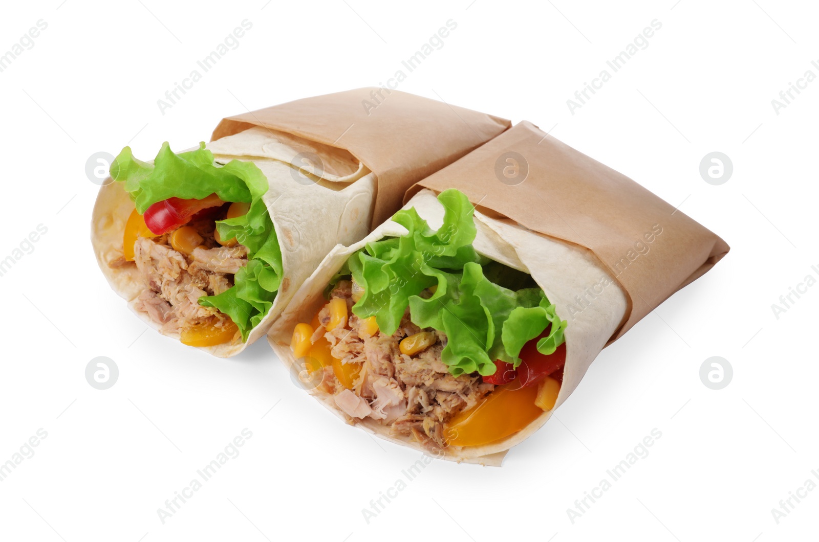 Photo of Delicious tortilla wraps with tuna isolated on white