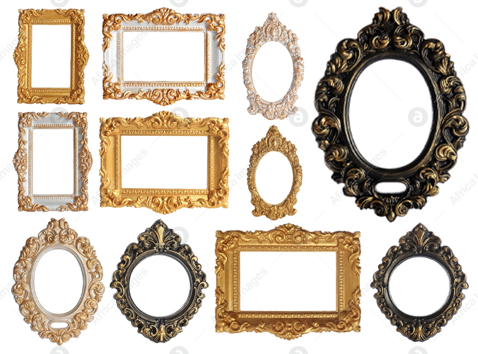 Image of Set of different old fashioned frames on white background