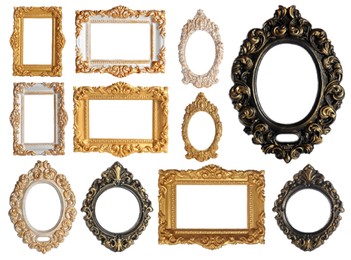 Image of Set of different old fashioned frames on white background