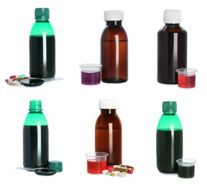 Image of Set with cough syrup on white background