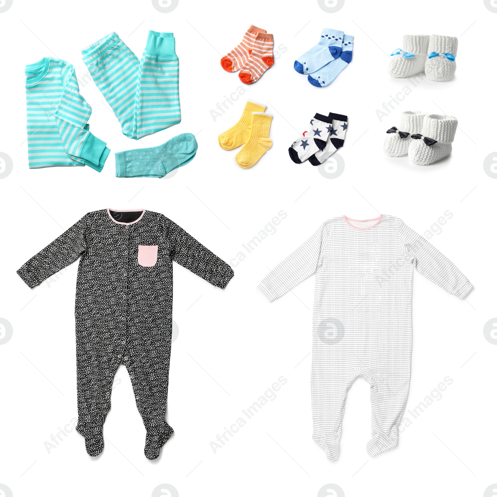 Image of Set with different baby clothes on white background 