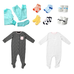 Image of Set with different baby clothes on white background 