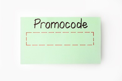 Photo of Paper card with words Promo Code on white background, top view