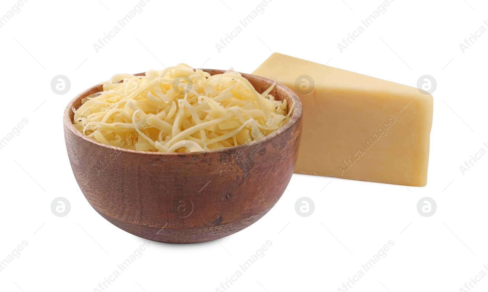 Photo of Grated and whole piece of cheese isolated on white