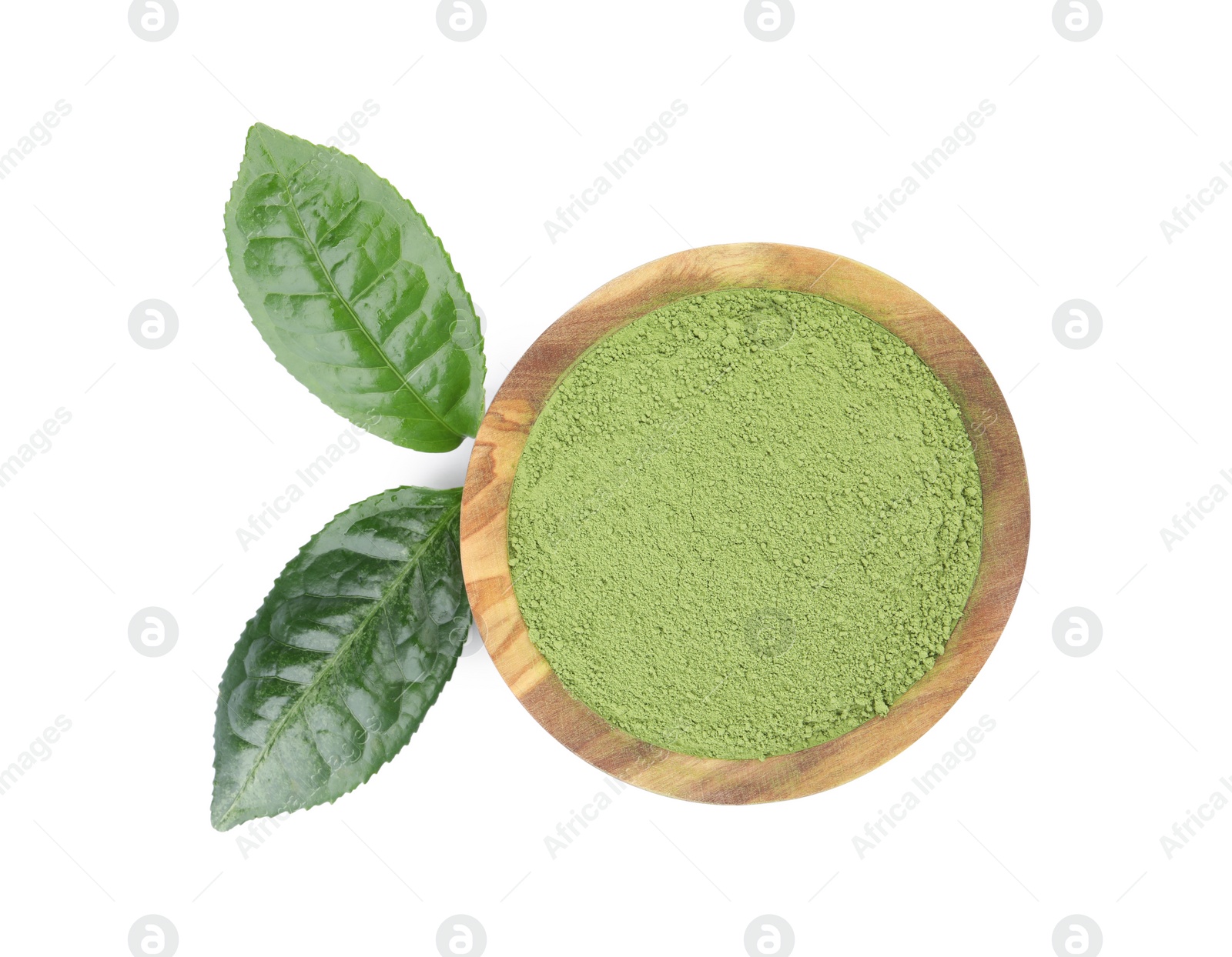 Photo of Leaves and bowl of matcha powder isolated on white, top view