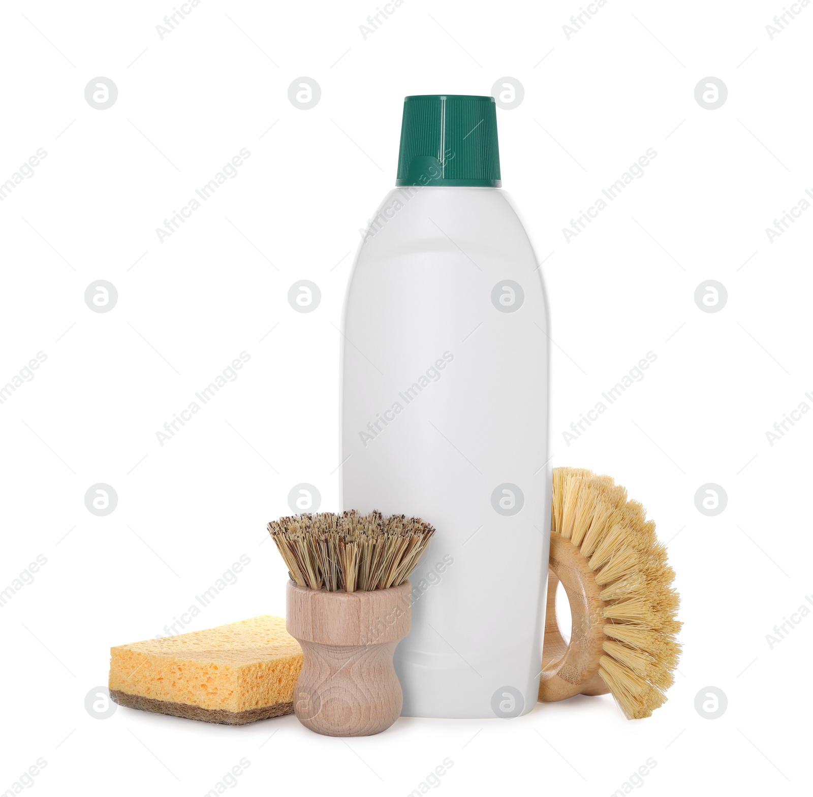 Photo of Bottle of cleaning product, brushes and sponge isolated on white