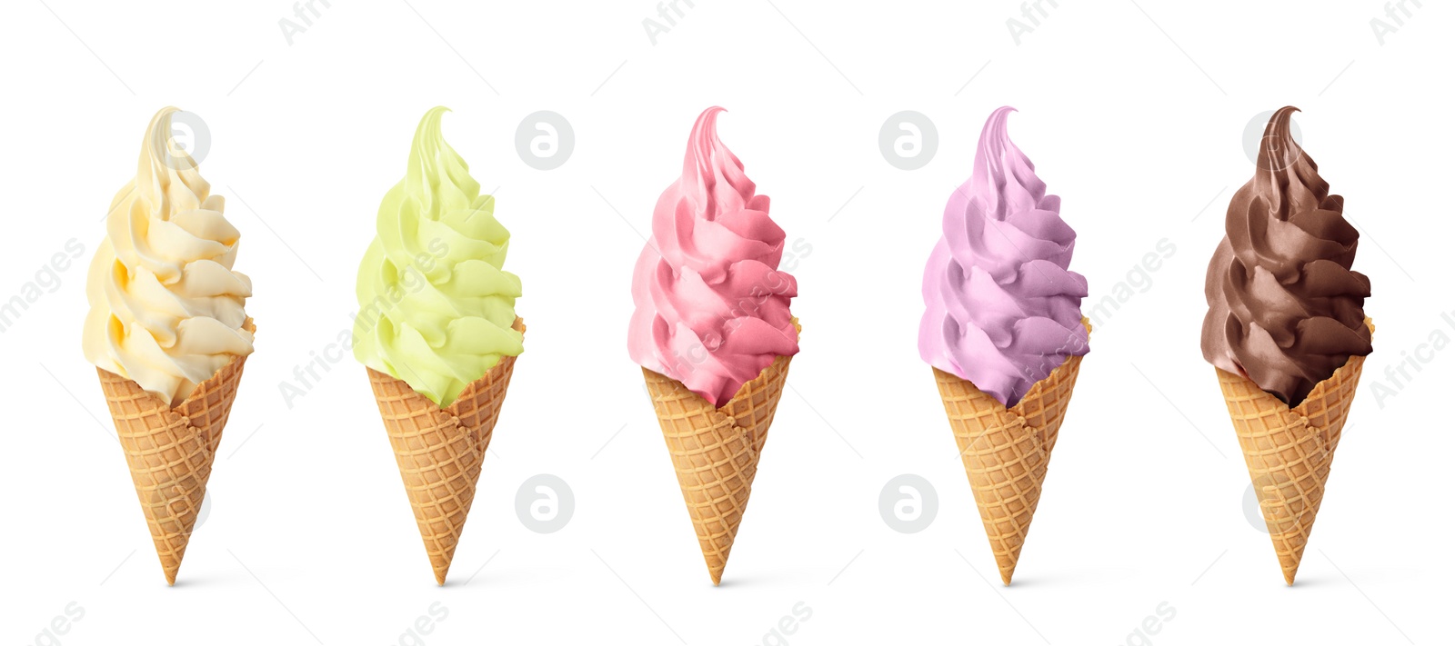 Image of Set of different delicious soft serve ice creams in crispy cones on white background