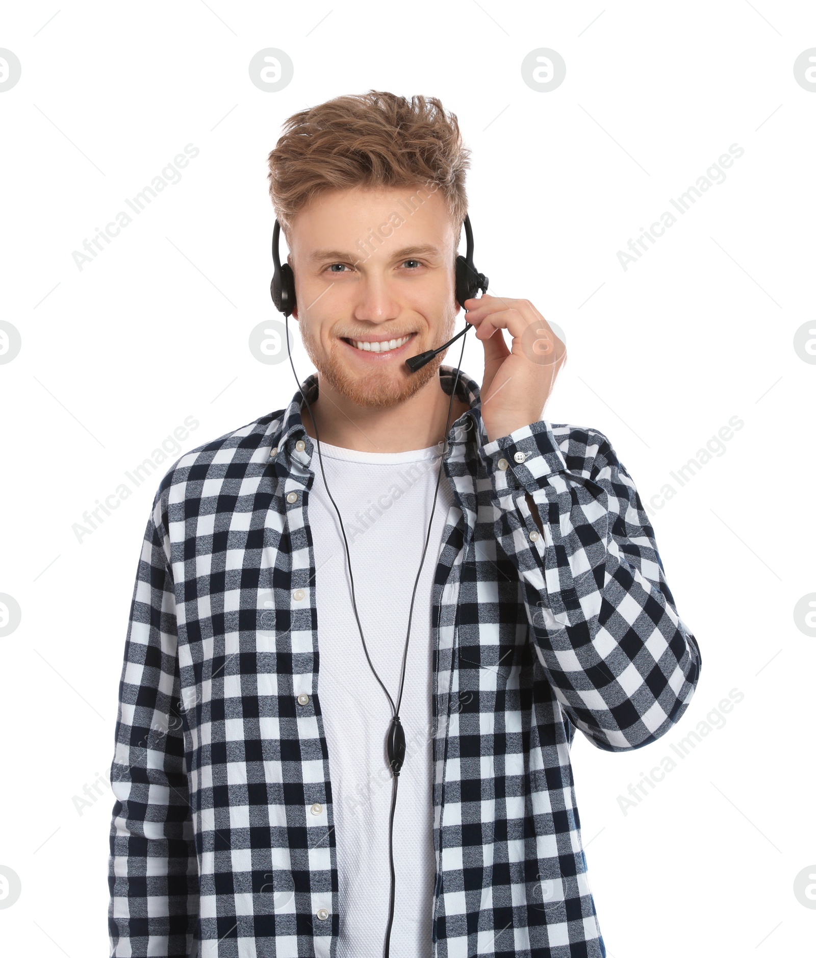 Photo of Technical support operator with headset on white background