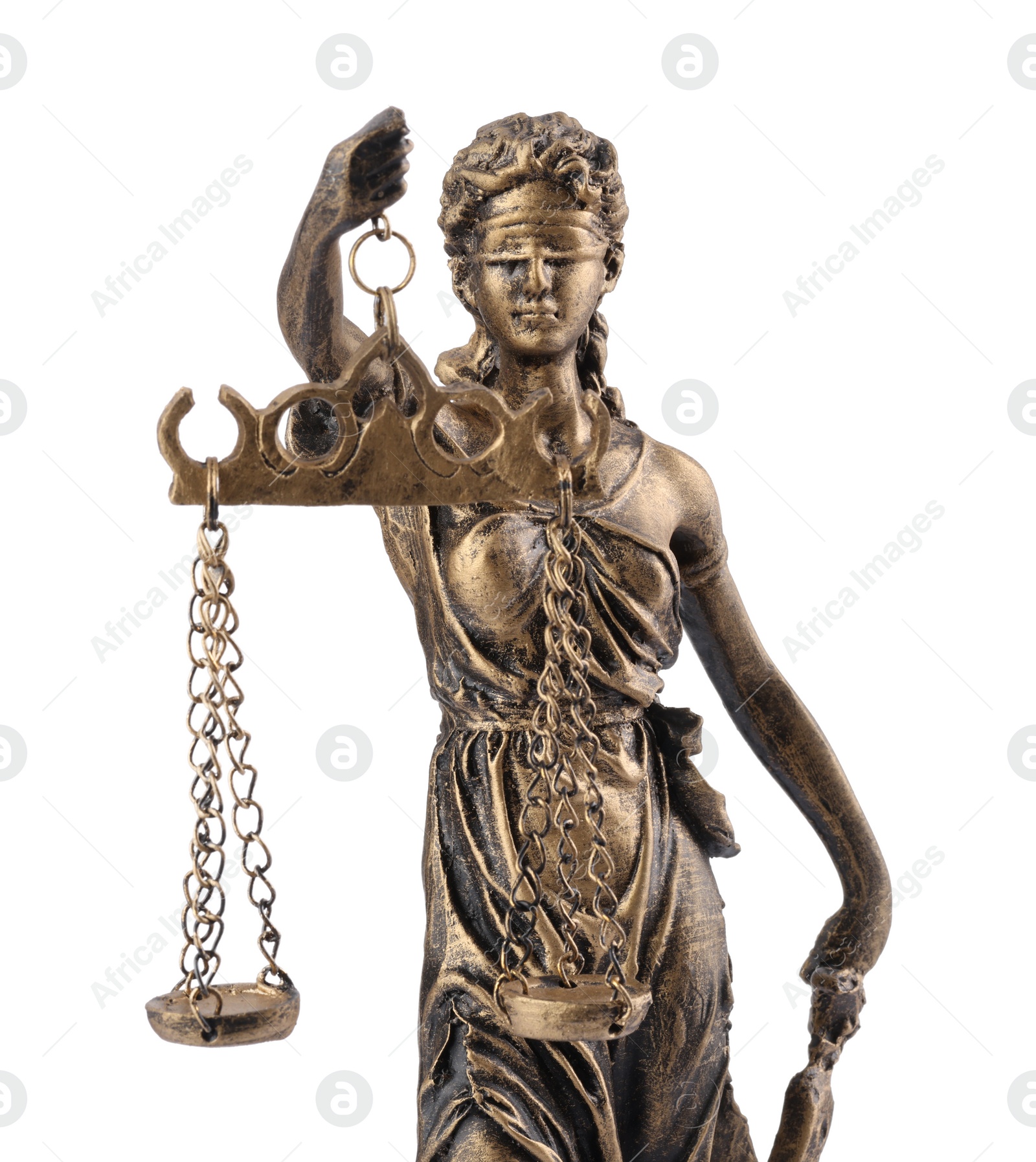 Photo of Statue of Lady Justice isolated on white. Symbol of fair treatment under law