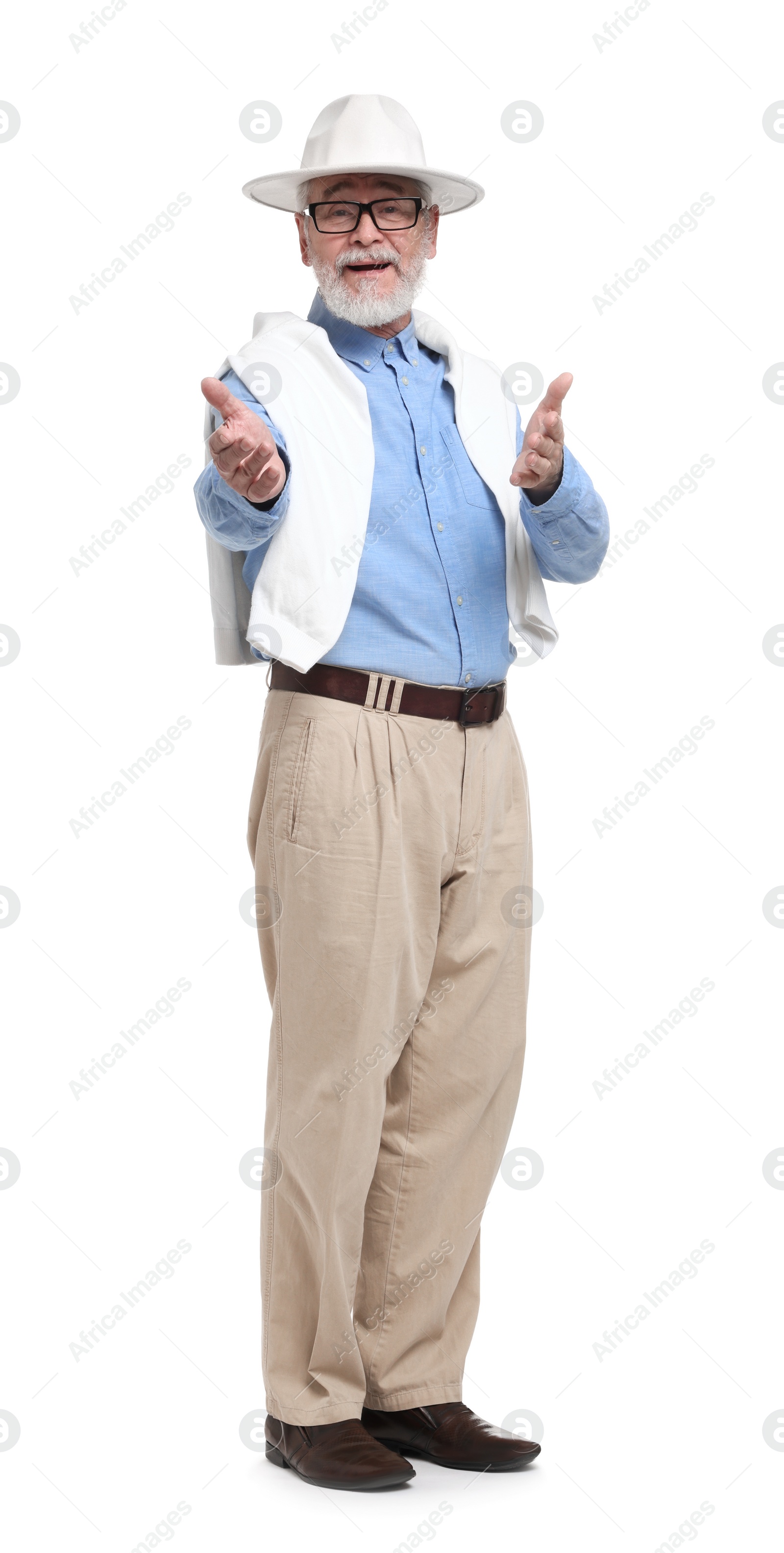 Photo of Senior man in hat and glasses on white background