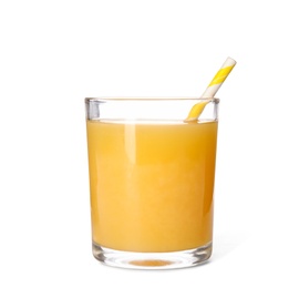 Photo of Glass of orange juice on white background