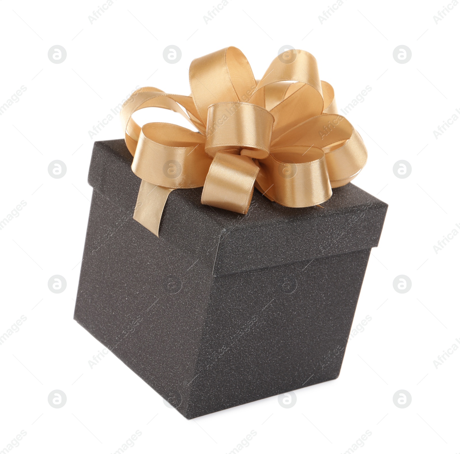 Photo of Beautiful black gift box with golden bow on white background