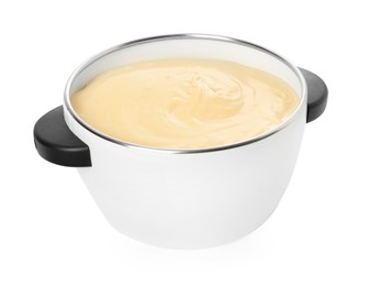 Fondue pot with tasty melted cheese isolated on white