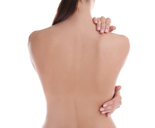 Photo of Woman with perfect smooth skin on white background, back view. Beauty and body care