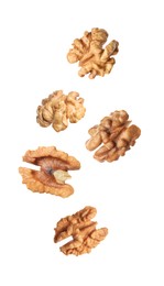 Halves of walnuts falling on white background 