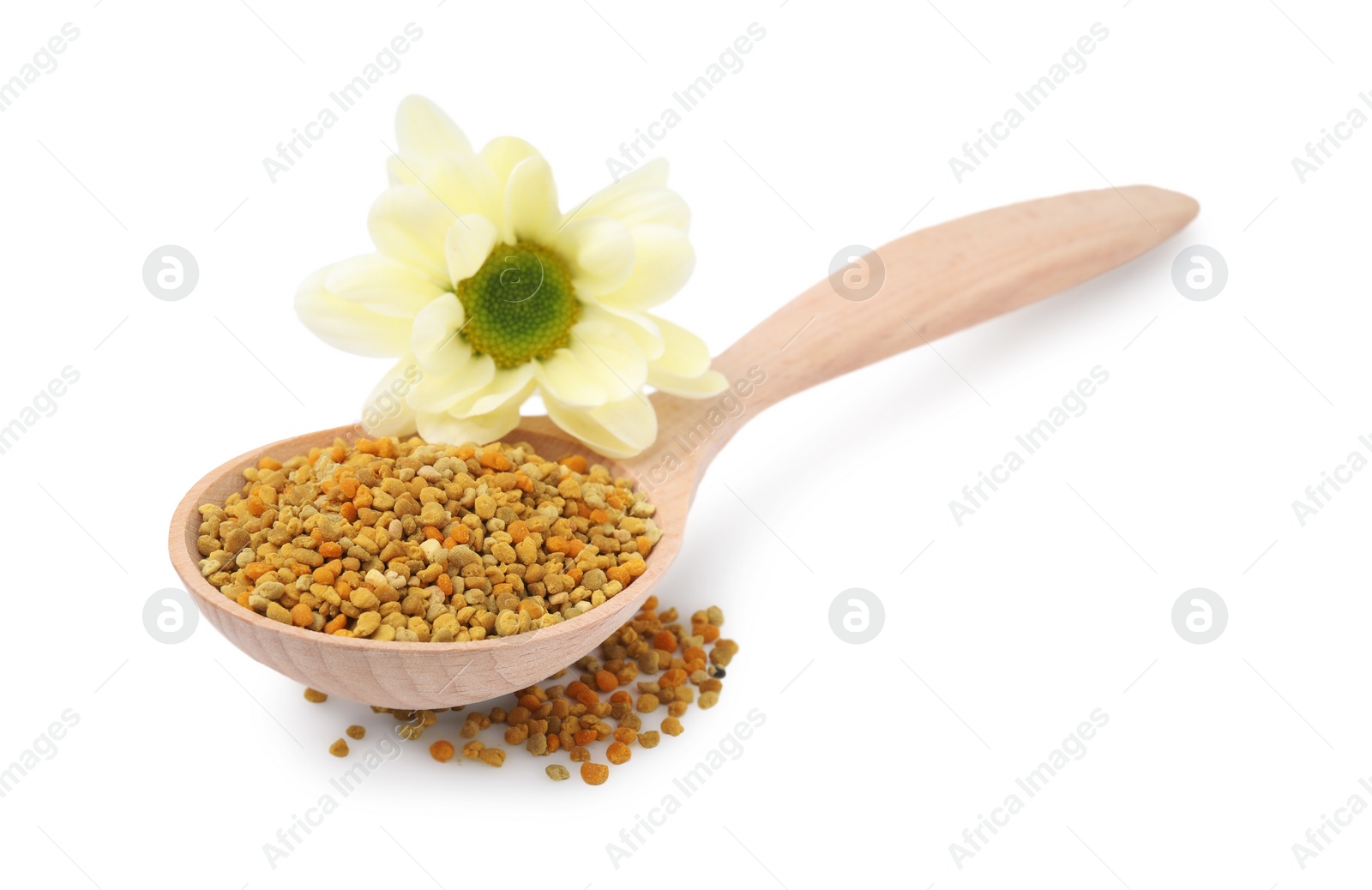 Photo of Spoon with fresh bee pollen granules and flower isolated on white