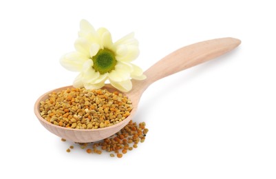 Photo of Spoon with fresh bee pollen granules and flower isolated on white