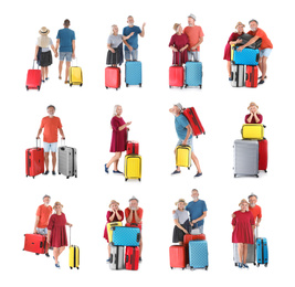Image of Senior people with different suitcases on white background, collage
